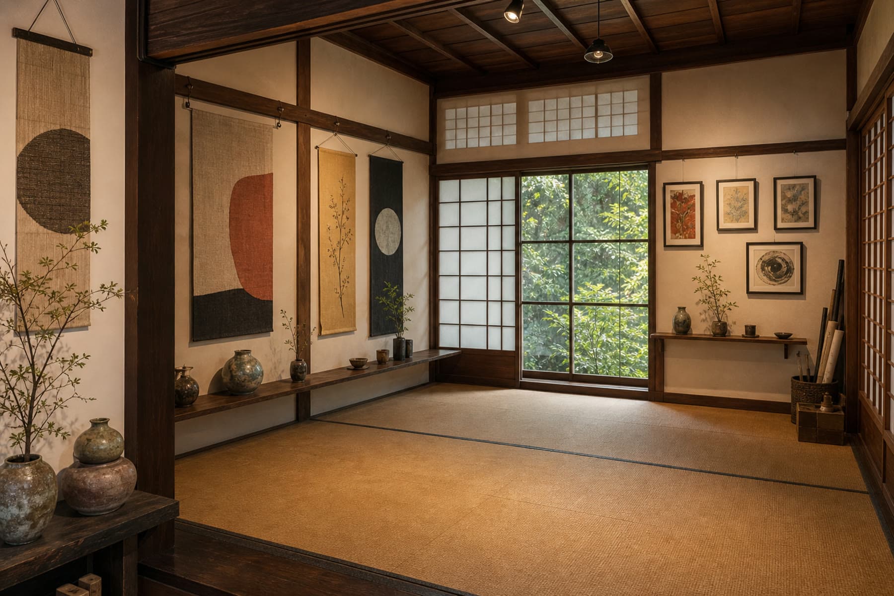 畳の部屋に飾られた作品
