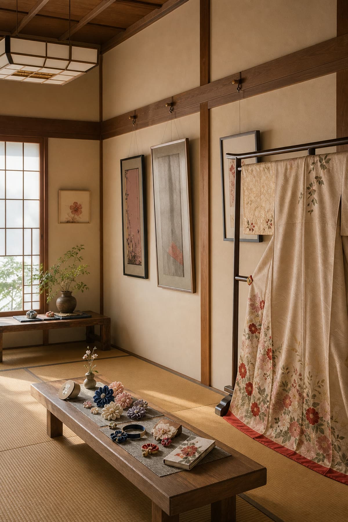 着物と工芸作品が飾られた室内